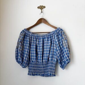Lenu Mae Gingham Eyelet Off Shoulder Top Small Blue Tan